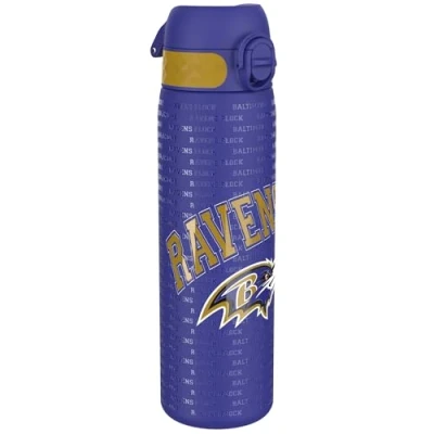 Afbeelding van ION8 Stalen Waterfles, 600 ml/20 oz, Lekvrij, Makkelijk te Openen, Veilige Vergrendeling, Vaatwasserbestendig, Hygiënische Flipcover, Draaggreep, Duurzaam, Reliëfprint, Ontwerp NFL Ravens Drinkfles