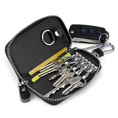 Afbeelding van PFLYPF 1 stuk rundleer autosleutelhanger grote capaciteit ritssluiting portemonnee met haak, klassieke stijl voor bankkaarten, sleutels (zwart), Zwart, 50
