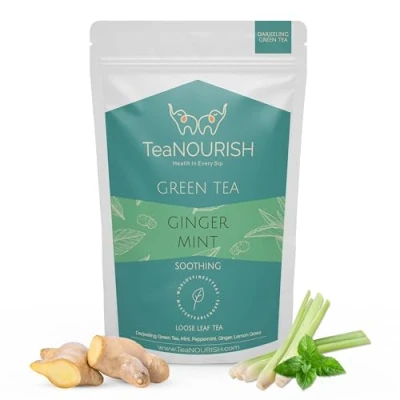 Afbeelding van TeaNOURISH Ginger Mint Green Tea Relaxing &amp; Calming Premium Darjeeling Loose Leaf Immune Support for Daily Wellness 50 Cups Hot or Iced 100g