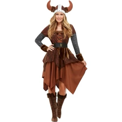 Afbeelding van Smiffys Viking Barbaarse koningin kostuum, bruin met jurk en helm, historische verkleden, verkleedkostuums
