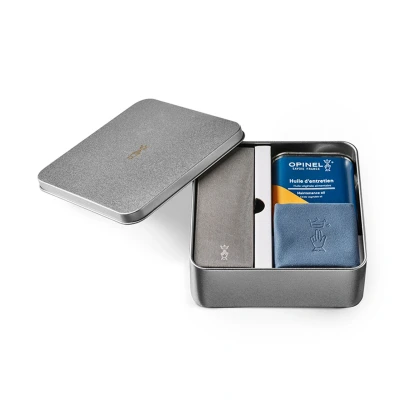 Afbeelding van Opinel Onderhoudsset mes, bevat een slijpsteen, korrel 1000, plantaardige verzorgingsolie 150 ml en microvezeldoek, 254640, zilver