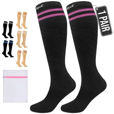 Afbeelding van 360 Relief Compressie Sokken klasse 1 voor Mannen en Vrouwen 15 20 mmHg Steunkousen langeafstandsvluchten, reizen, sporten, hardlopen, wandelen Paar Compression Socks S/M Zwart met wasnet