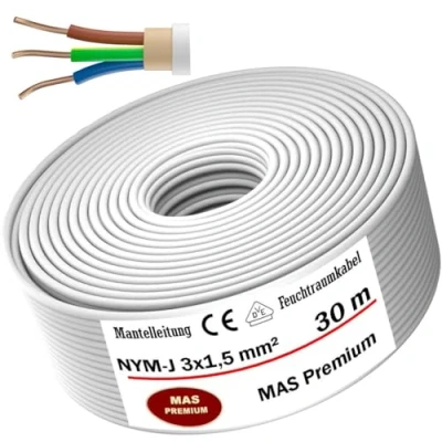 Afbeelding van NYM J 3 x 1,5 mm² Elektrische kabelring voor vochtige ruimtes, stroomkabel van 5 m tot 200 m, vaste installatie (30 m)