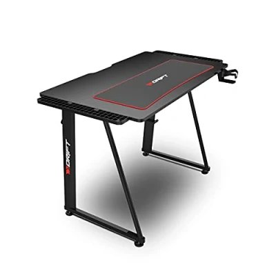 Afbeelding van Drift gaming DRDZ75 tafel met koolstofvezelplaat bedekt een volledige maat, beker en hoofdtelefoonhouder, verstelbare poten, zwart