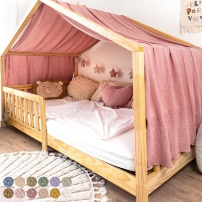 Afbeelding van lilimaus huisbed hemel met gouden applicatie [in 12 kleuren] bedhemel van 100% katoen mousseline stoffen voor decoratie meisjes en jongens kinderbed
