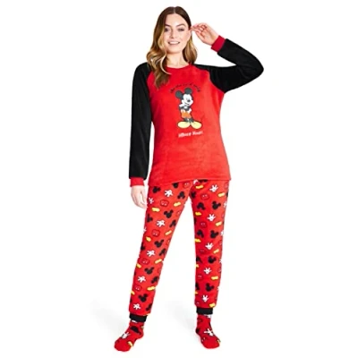 Afbeelding van Disney Vrouwen Pyjama, Fleece Loungewear en Fluffy Sokken Stitch Geschenkset (Rood Mickey, S)