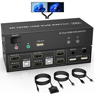 Afbeelding van Dual monitor HDMI KVM schakelaar 2 poort, 4K@60Hz Extended Display in uit met audiomicrofoonuitgang en 3 USB poorten, PC toetsenbordmuisschakelaar