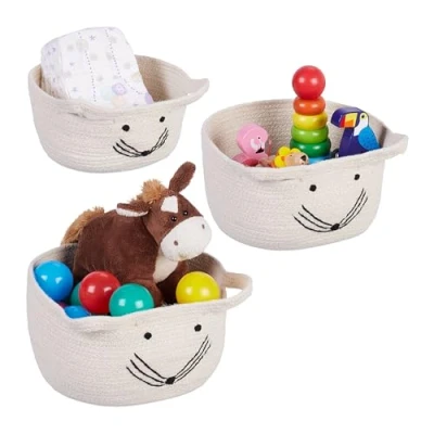 Afbeelding van Relaxdays speelgoedmand set van 3 jute opbergmand muis stoffen mandjes kinderkamer