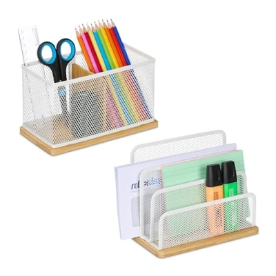 Afbeelding van Relaxdays bureau organizer set 2 delig brievenbak pennenbak bamboe en metaal wit