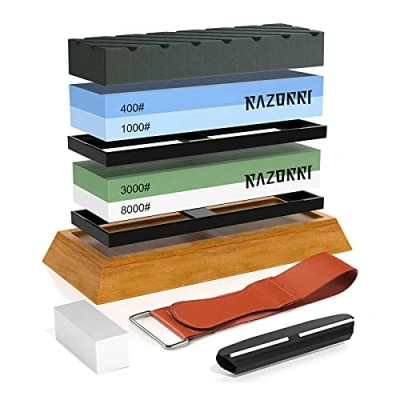 Afbeelding van Aftrekstenenset, dubbelzijdig 400/1000 en 3000/8000 grit slijpstenen met aflijnsteen platte steen, hoekgeleiding, bamboe basis, eren strepen, voor het slijpen polijsten van metalen Messen