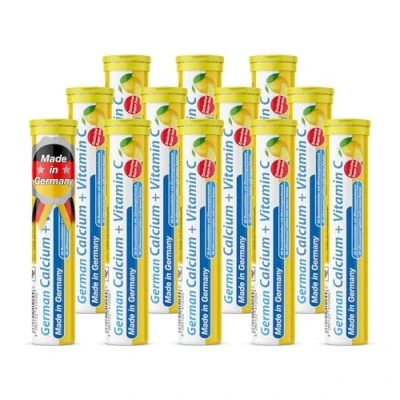 Afbeelding van Calcium + vitamine C bruistabletten 12x20 = 240 stuks citroensmaak 300 mg calcium, 75 T&amp;D Pharma German Vitamin Made in Germany