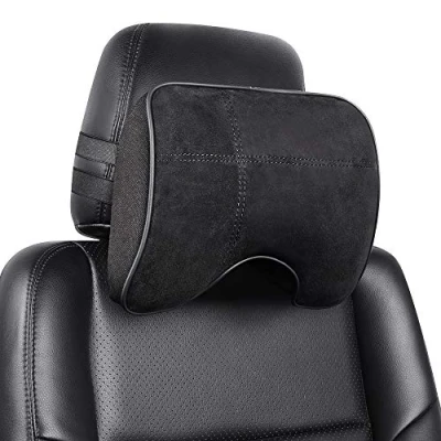 Afbeelding van EASY EAGLE auto nekkussen van suède stof en traagschuim, hoofdsteunkussen met afneembare riem voor autostoel, zwart, 1 stuk