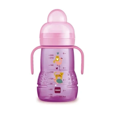 Afbeelding van MAM Trainer mok, met Skinsoft siliconen zuiger, lekvrij, gemakkelijk vast te pakken, vanaf 4 maanden, 220 ml, roze