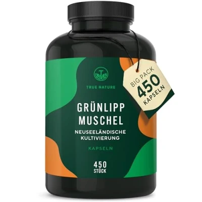 Afbeelding van Groenlipmossel 450 capsules 50% meer inhoud hoge dosering: 2000 mg per dagelijkse dosis zonder additieven Gecultiveerd in Nieuw Zeeland Duitse productie TRUE NATURE®