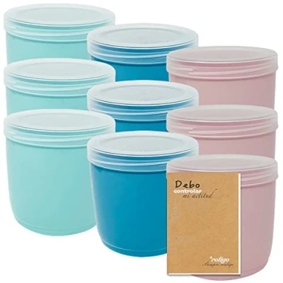 Afbeelding van Codil 9 stuks ronde herbruikbare dozen van BPA vrij kunststof met deksel, vaatwasmachinebestendig, vriezer en magnetron, roze/groen/blauw, 1 liter