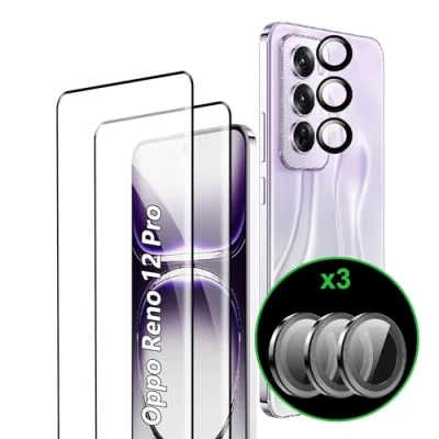 Afbeelding van Rojeuinn gehard glas voor Oppo Reno 12 Pro displaybeschermfolie, 2 stuks + achteruitrijcamera&#039;s, krasbestendig, hardheid 9H