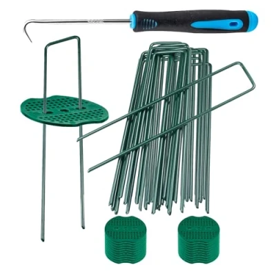 Afbeelding van Milaloko 50 roestvrijstalen U vormige onkruidbestrijding membraanharingen + 20 bufferringen 1 houthaak, tuinlandschap nietjes, kunstgrasspelden, accessoires, groen