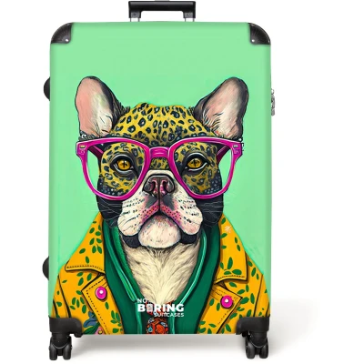 Afbeelding van NoBoringSuitcases.com® Koffer groot Reiskoffer lichtgewicht Hond Hippie Dieren Bril Rolkoffer met 4 wielen Grote trolley XL 98 liter bagage