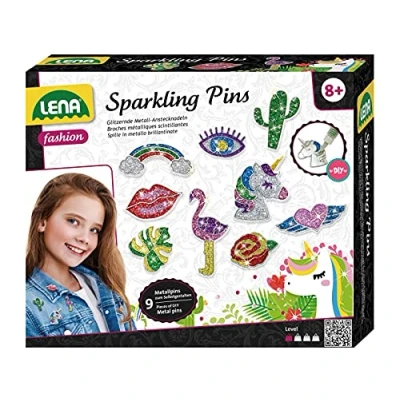 Afbeelding van Lena 42662 Knutselset Metal Sparkling Pin, complete set voor glinsterende metalen reversspelden, met 9 pinvormen, veiligheidsspelden, 7 glitterkleuren en knutsellijm, kinderen vanaf 8