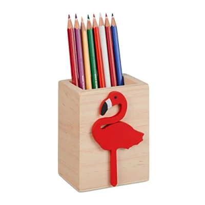 Afbeelding van Relaxdays pennenbak met flamingo trendy bureau organizer pennenhouder hout
