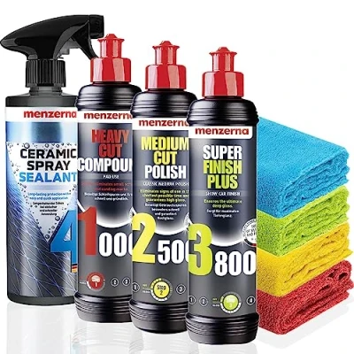 Afbeelding van Menzerna Polijstset voor auto&#039;s: Heavy Cut Compound 1000 + Medium Polish 2500 Super Finish Plus 3800, 250 ml Ceramic Spray Sealant Protection 0,5L 4x microvezeldoek 40 x cm, 550