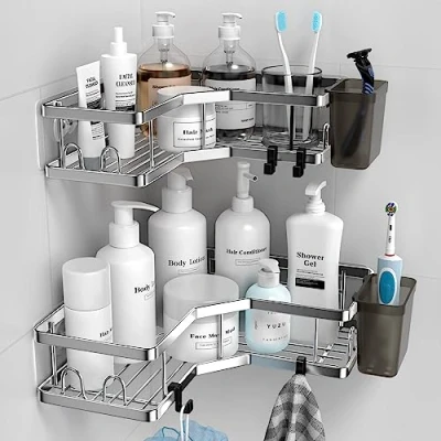 Afbeelding van FINIBO doucheplank zonder boren, 2 stuks, zelfklevende hoekplank, badkamerorganizer, roestvrij staal met 4 haken en tandpastahouders, zwart, doucheplank, douchemand voor badkamer, keuken