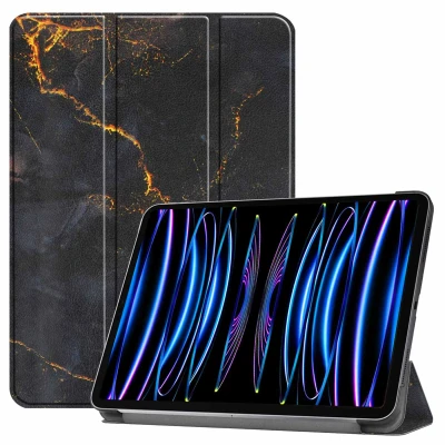 Afbeelding van Apple iPad Pro 11 (2021) Hoes: iMoshion Design Trifold Bookcase Black Marble Kunstleder Tablet Hoezen