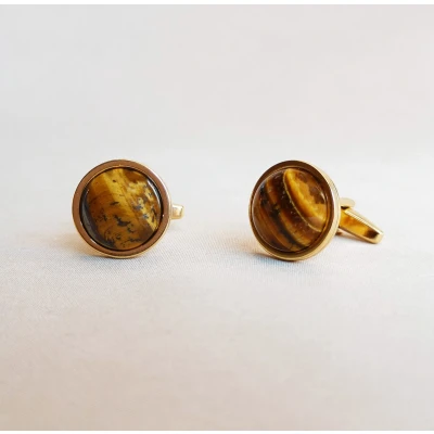 Afbeelding van Ava &amp; Imber Tijgeroog Manchetknopen Verguld Gouden voor Mannen Manchet Cufflinks met natuursteen Goud Bruin