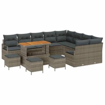 Afbeelding van vidaXL 13 delige tuinset met kussens in grijs, poly rattan en acacia