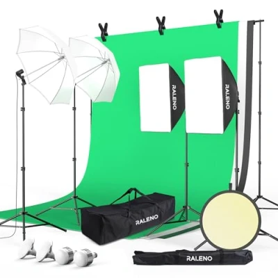 Afbeelding van RALENO Fotografieverlichtingsset, Achtergrondstandaard van 2,6 x 3 Meter met Groen Scherm, 190 W Softbox en Paraplu 5500 K, 97 CRI, LED lampen voor Product , Portret Video opnamen, Model: PS55