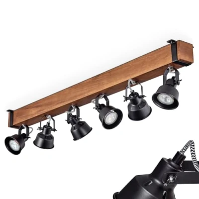 Afbeelding van HOFSTEIN plafondlamp Safari, moderne van metaal/hout in zwart/donkerbruin, industrieel design met verstelbare schermen, 6 lampen, x GU10 zonder lamp