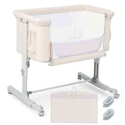 Afbeelding van COSTWAY 3 in 1 co sleeper &amp; wieg reiswieg, 5 standen hoogte verstelbaar wiegje, kantelbaar, bedje incl. matras, wiegje voor baby&#039;s tot 9kg (beige)