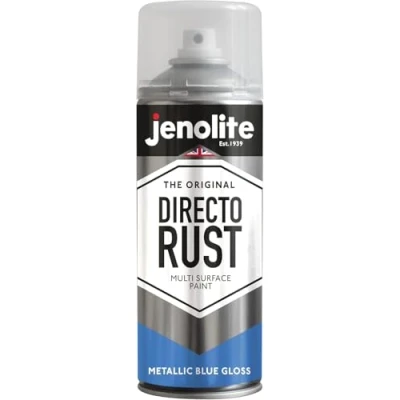 Afbeelding van JENOLITE Directorust Metallic Gloss Spray Paint BLAUW 400ml Multi Surface Gold voor metaal, hout, kunststof All In OnePrimer, ondervacht en topcoat Interieur &amp; Exterieur