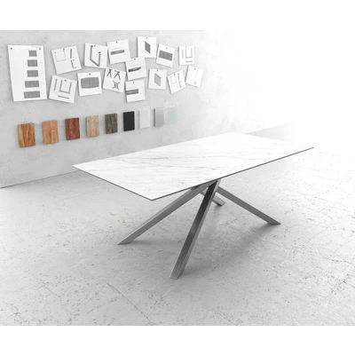 Afbeelding van Eettafel Edge Laminam® keramiek wit 200x100cm middenvoet kruis zilver
