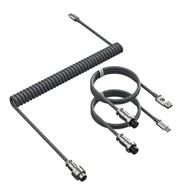 Afbeelding van C04 2in1 opgerolde USB C kabel,USB A naar Type C/Type C,5 pins metalen luchtvaartstekker,spiraalvormige verlengbare TPU kabel met dubbele mouw voor pc/toetsenbord/muis/pad/telefoon Grijs