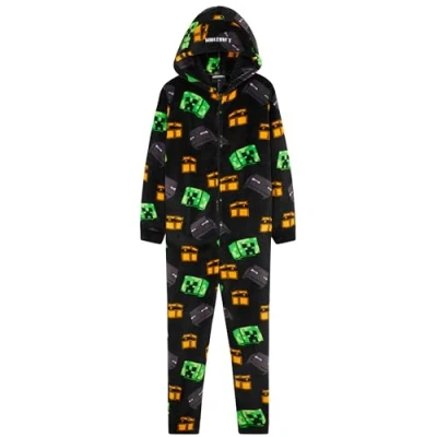Afbeelding van Minecraft Fleece onesie met capuchon voor jongens Cadeaus gamers, Zwart/Multi, 9 10 jaar