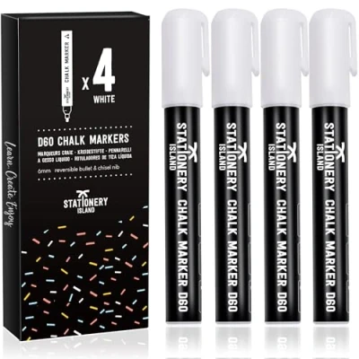 Afbeelding van STATIONERY ISLAND Witte krijtstiften voor bord, afwasbaar, 6 mm, 4 stuks, ramen, krijtmarker glas en borden, raamstiften