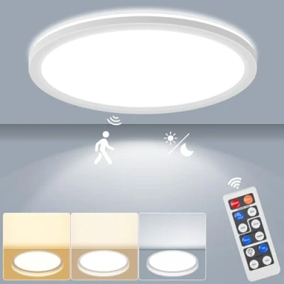 Afbeelding van LEZOE Dimbare led plafondlamp met bewegingsmelder, 18 W, 1800 lm, radar plafondlamp, dimbaar, 3000 K/4500 K/6500 K, IP54, sensorlamp voor badkamer, garage, trap, kelder, hal, balkon, 22 cm
