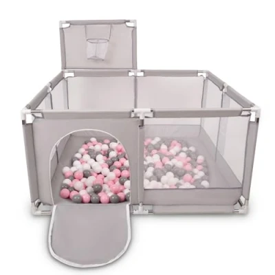 Afbeelding van Selonis Square Babybox Met Plastic Ballen, Basketbal, Grijs:Wit/Grijs/Poederroze,200 Ballen