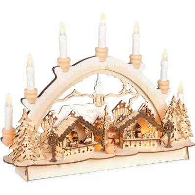 Afbeelding van BRUBAKER 3D lichtboog, kaarsboog met ledkaarsen, kerstmarkt 2024, kerstverlichting van natuurlijk hout, 31 x 41 11 cm, handbeschilderde figuren, kerstdecoratie voor tafel en raam