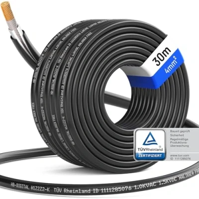 Afbeelding van hb digital 30 m zonnekabel, 4 mm², H1Z2Z2 K, TÜV gecertificeerd, uv bestendig, flexibel, PV kabel, puur koper, 1500 V, verlengkabel, fotovoltaïsche voor zonnepaneel, omvormer, laadregelaar, zwart