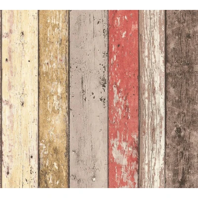 Afbeelding van HOUTLOOK BEHANG Industrieel rood beige bruin geel A.S. Création Elements