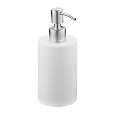 Afbeelding van Relaxdays zeeppompje, 180 ml, navulbaar, badkamer, wc, keuken, moderne zeepdispenser, polyresin, roestvrij staal, wit