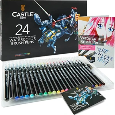 Afbeelding van Castle Art Supplies Aquarel Borstel Pennen Set 24 levendige kleuren, met flexibele nylon punten Voor volwassen schilderen, belettering kunstenaars en beginners Reisetui extra