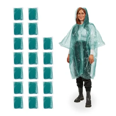 Afbeelding van Relaxdays regenponco, set van 20, wandelen, fietsen &amp; festivals, met mouwen, lang, regencape mannen en vrouwen, groen