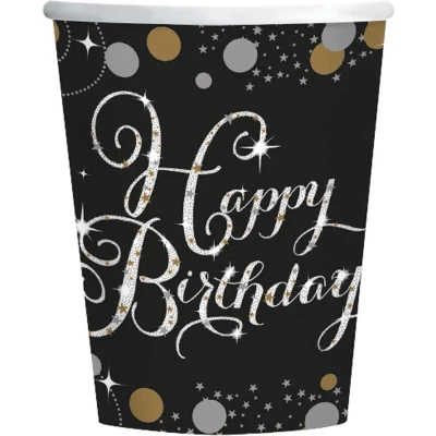 Afbeelding van Bekers Happy Birthday Sparkling Goud 250 ml 8 stuks