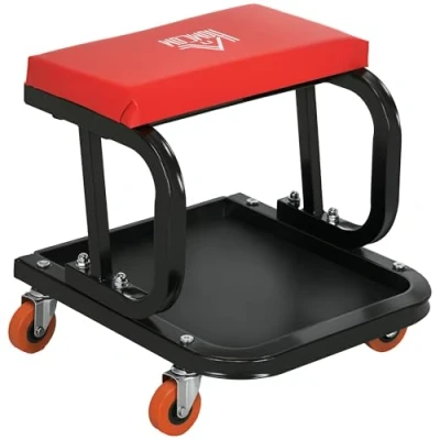Afbeelding van HOMCOM Werkplaatskruk, werkkruk met plank, bekleed zitkussen, montagekruk voor garage, werkplaats, staal, rood