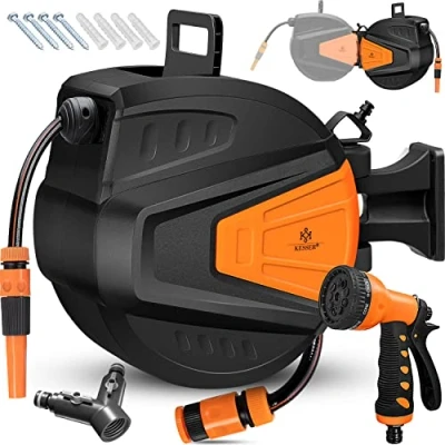 Afbeelding van KESSER® slanghaspel water 30 + 2 m incl. weg verdeler multi handdouche waterslanghaspel automatisch 180 draaibaar wandhouder tuinslang oranje