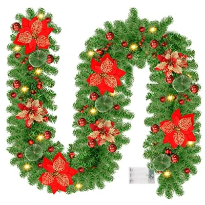 Afbeelding van Zateety Kerstslinger 270 cm, kunstmatige decoratieve slinger met ledverlichting, kerstdecoratie, slinger, dennenslinger, hangende flexibel inzetbaar (rood)