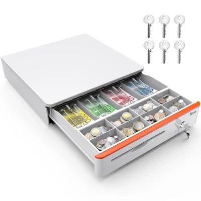 Afbeelding van Tera Elektronische kassalade met 5 sleutels, sleutel slot, elektrisch &amp; handmatig indrukken en openen 8 uitneembare muntvakken, 4 vakken voor bankbiljetten 1 mediavak, 41 x 10 cm, 12VRJ12